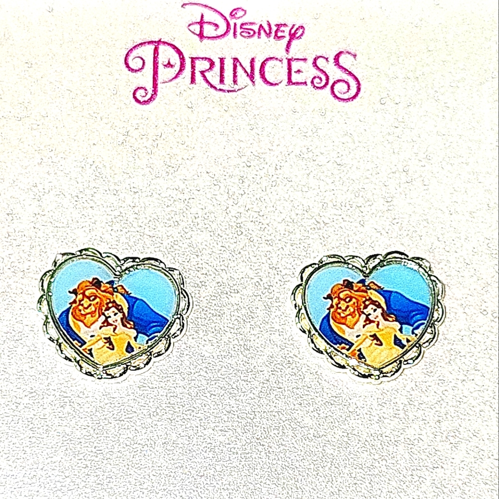❤️"NEW" Disney Official Licensed Beauty/Beast Silver Plated Heart Stud Earrings